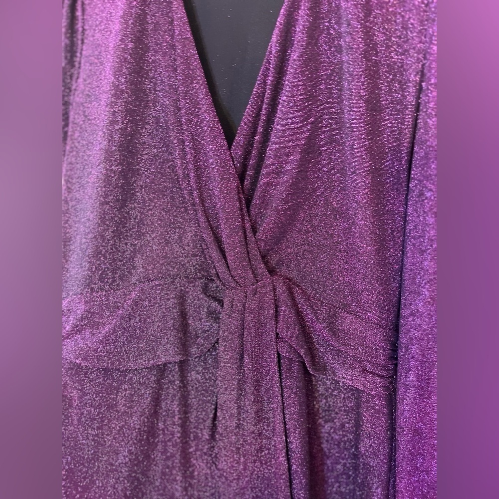 Saylor Purple Shimmer Faux Wrap Dress Ruched Waist Cocktail Holiday Party Glam - Picture 5 of 12